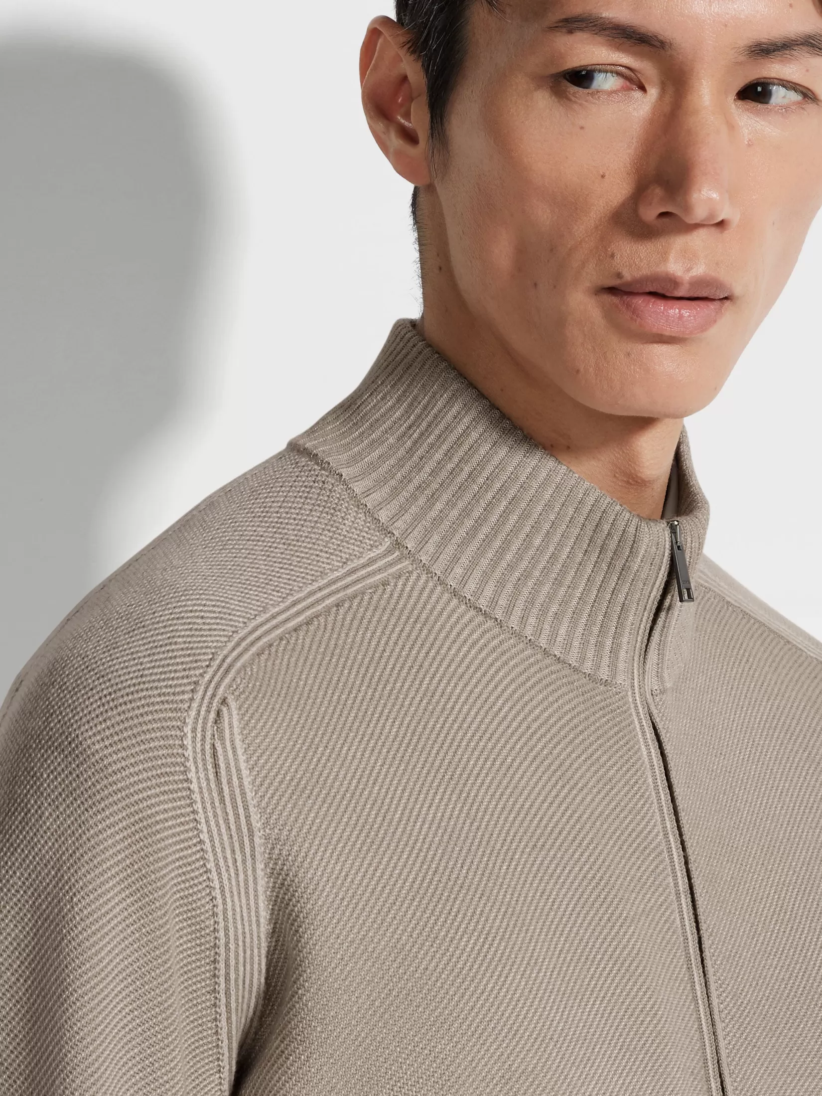 Fashion Cardigan con Zip Intera in Cashseta Tortora Chiaro Maglieria