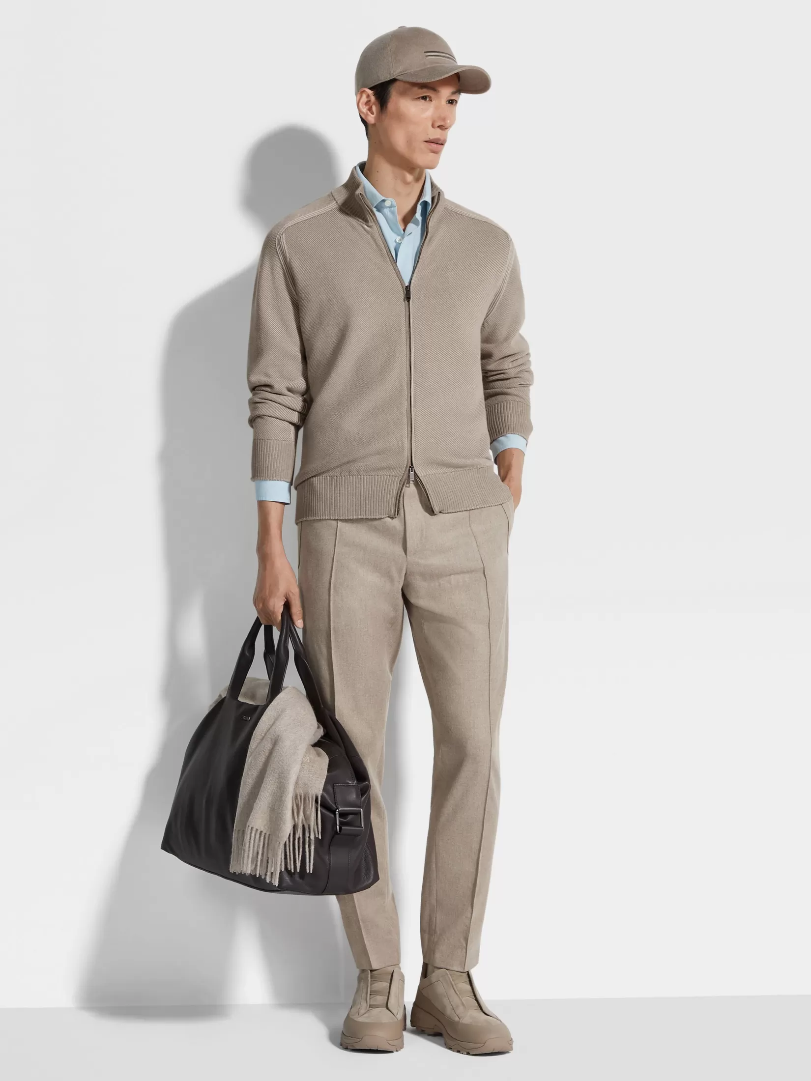 Fashion Cardigan con Zip Intera in Cashseta Tortora Chiaro Maglieria