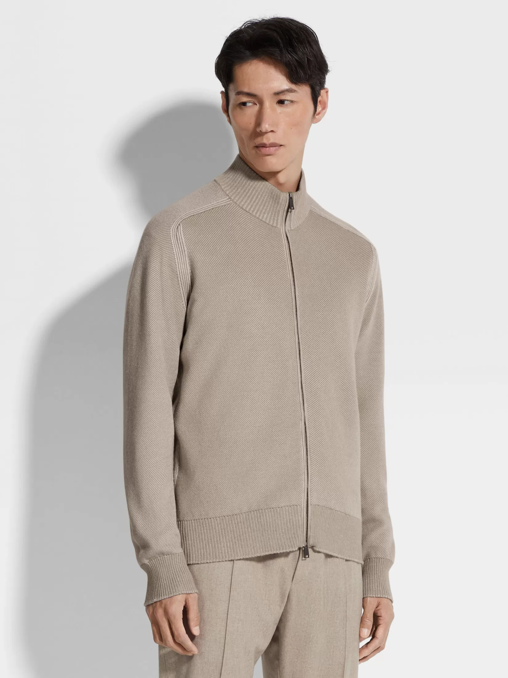 Fashion Cardigan con Zip Intera in Cashseta Tortora Chiaro Maglieria