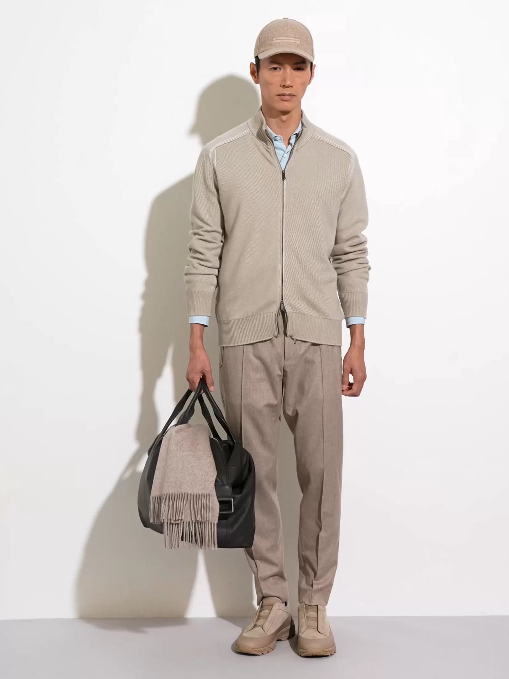 Fashion Cardigan con Zip Intera in Cashseta Tortora Chiaro Maglieria