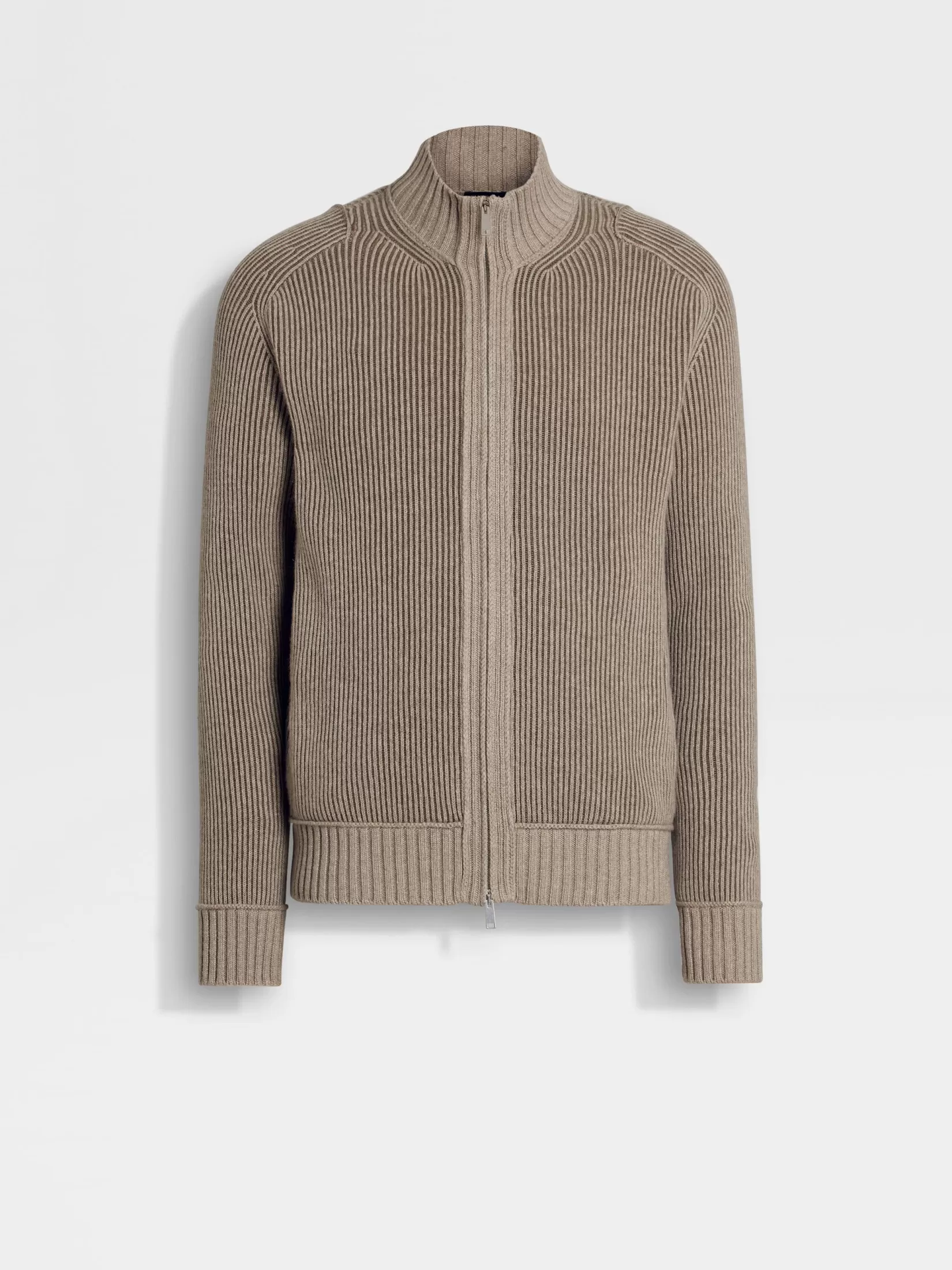 Store Cardigan con Zip Intera in Oasi Cashmere Tortora Chiaro e Cachi Mélange Maglieria