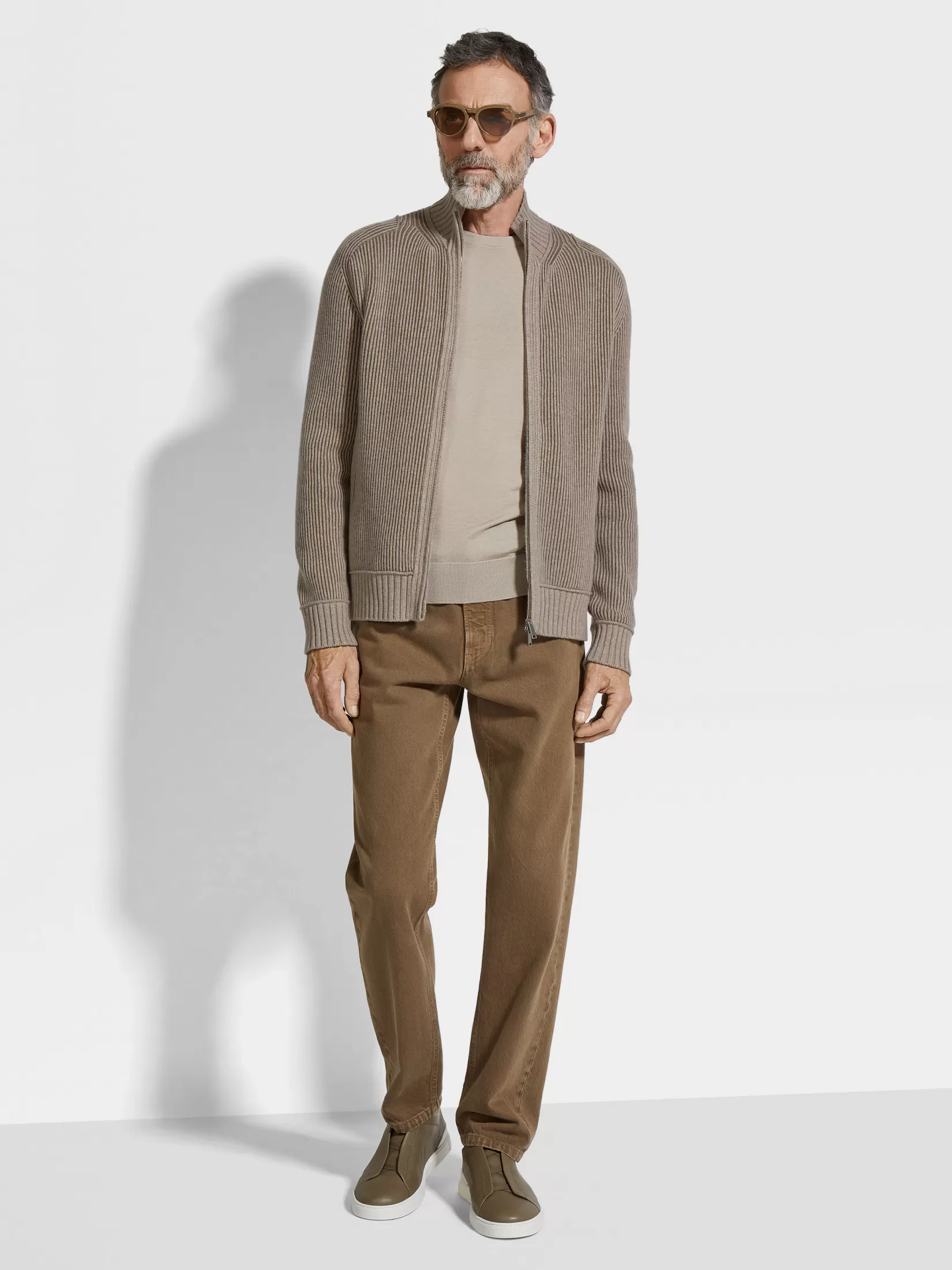 Store Cardigan con Zip Intera in Oasi Cashmere Tortora Chiaro e Cachi Mélange Maglieria