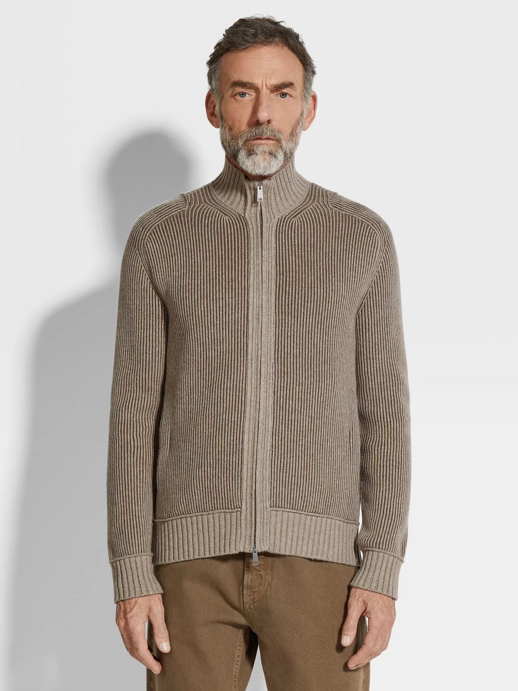 Store Cardigan con Zip Intera in Oasi Cashmere Tortora Chiaro e Cachi Mélange Maglieria
