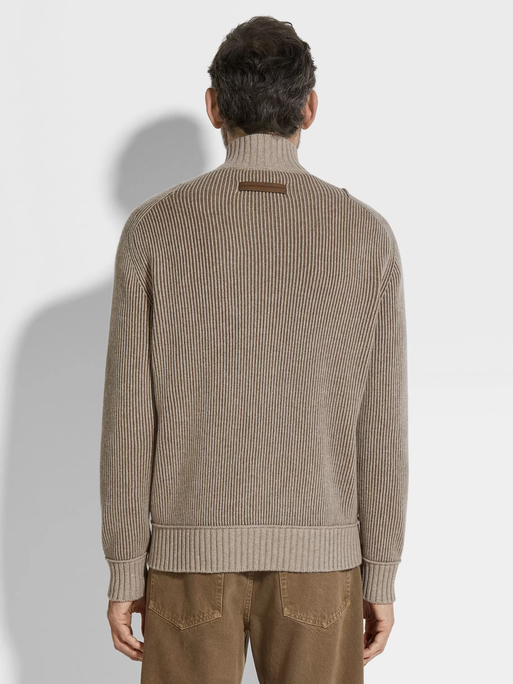 Store Cardigan con Zip Intera in Oasi Cashmere Tortora Chiaro e Cachi Mélange Maglieria