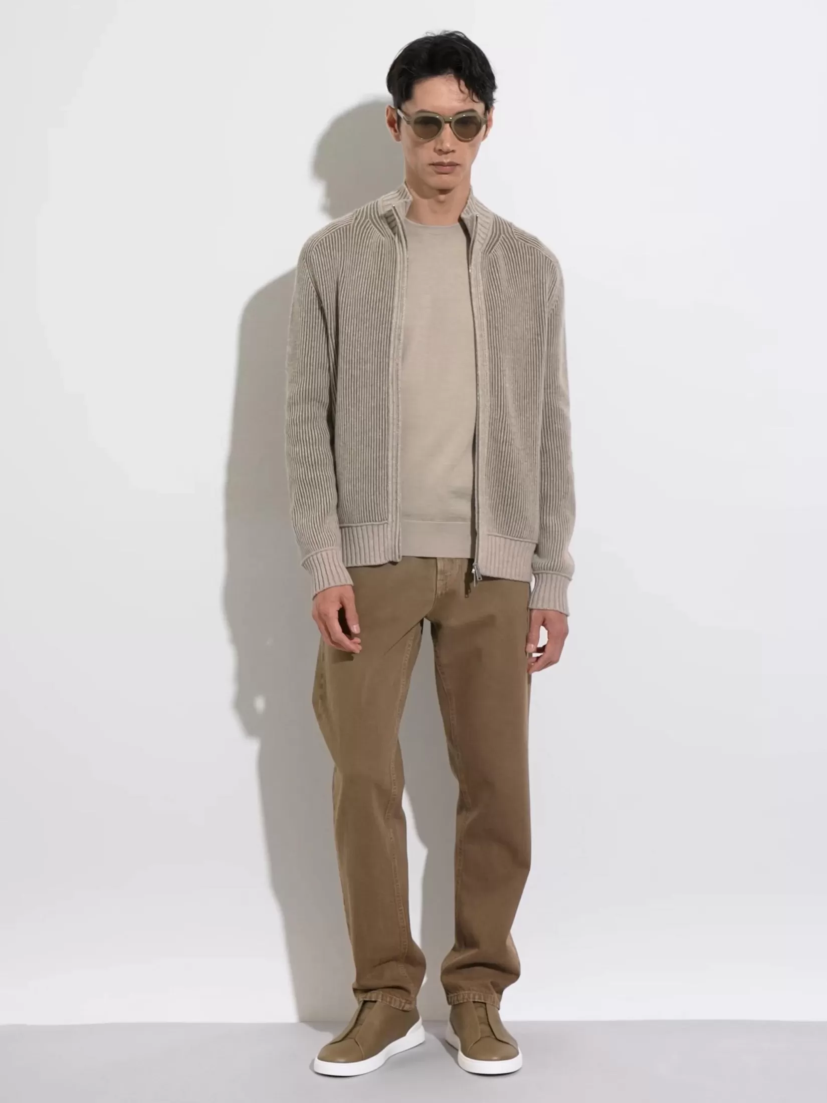 Store Cardigan con Zip Intera in Oasi Cashmere Tortora Chiaro e Cachi Mélange Maglieria