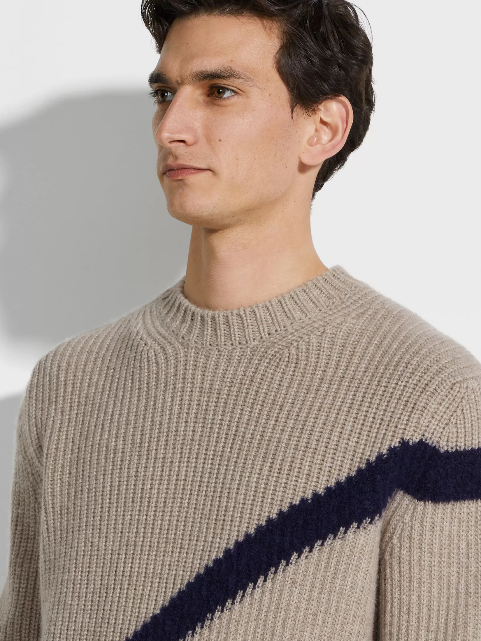 Flash Sale Girocollo in Cashmere e Seta Tortora Chiaro e Blu Inchiostro In Viaggio Con Stile | Maglieria