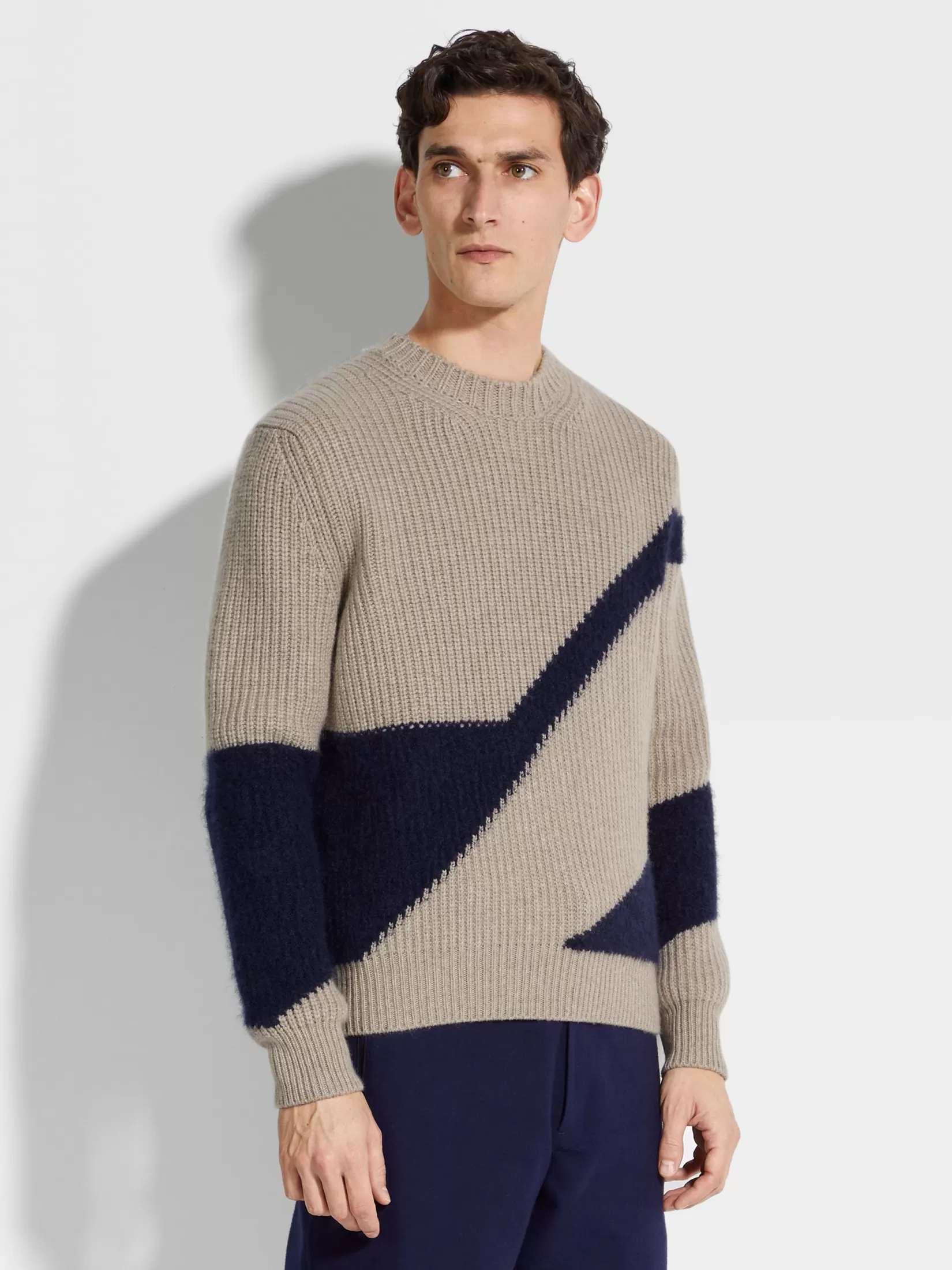 Flash Sale Girocollo in Cashmere e Seta Tortora Chiaro e Blu Inchiostro In Viaggio Con Stile | Maglieria