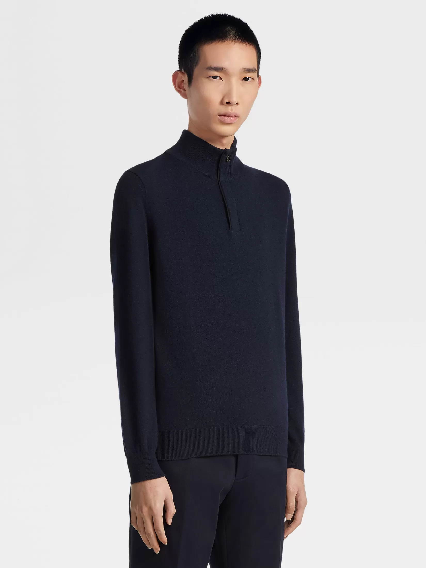 Fashion Lupetto con Zip in Oasi Cashmere Blu Navy Mélange Maglieria
